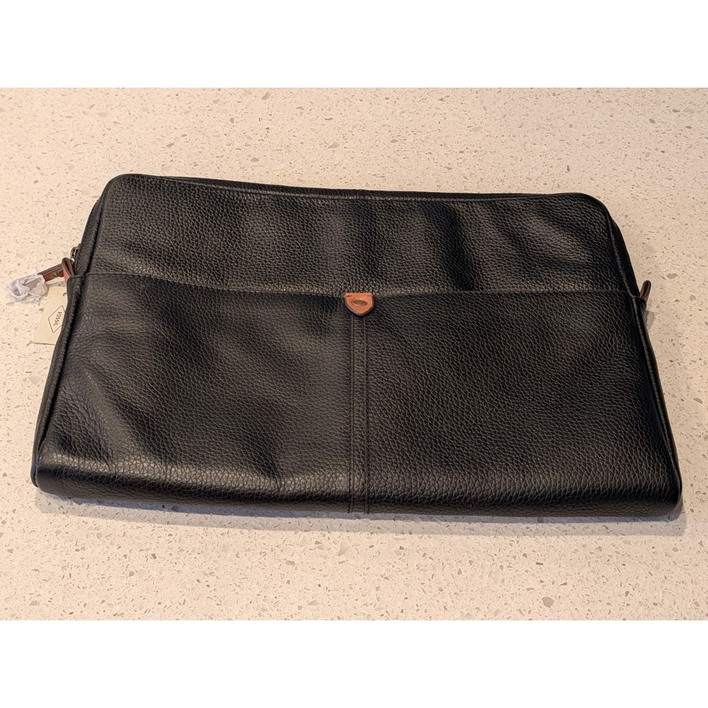 NWT Fossil Black Leather Portfolio Laptop Tablet Document Case Sleeve Travel Bag
